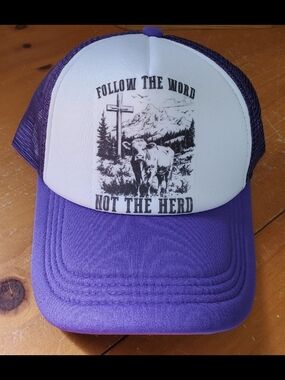 Purple and White Trucker Hat - "Follow the Word Not the Herd"